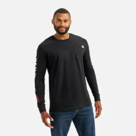 Long Sleeve Pocket T-Shirt with Sleeve Print Men’s Long Sleeve T-Shirt in Black