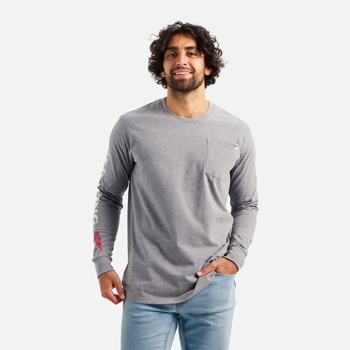Long Sleeve Pocket T-Shirt with Sleeve Print Men's Long Sleeve T-Shirt in Heather Gray