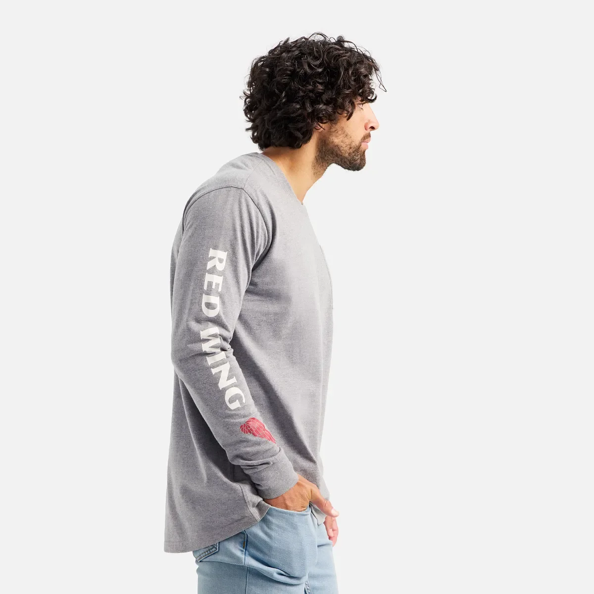 Long Sleeve Pocket T-Shirt with Sleeve Print Men's Long Sleeve T-Shirt in Heather Gray