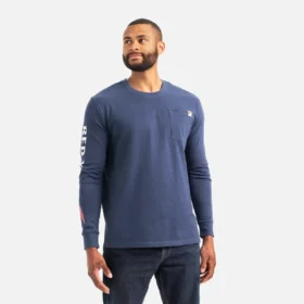 Long Sleeve Pocket T-Shirt with Sleeve Print Men’s Long Sleeve T-Shirt in Navy